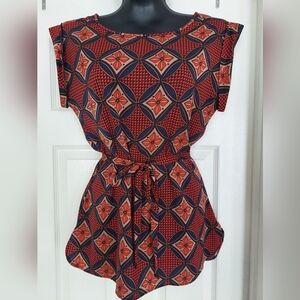 Ann Taylor - red/blue short sleeve tunic blouse